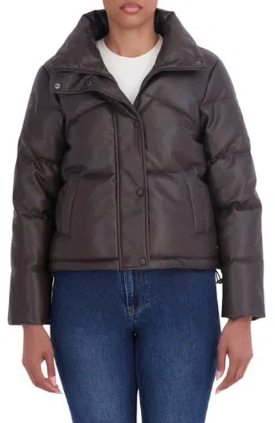 Sebby Faux Leather Short Puffer Jacket In Brown