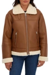 Sebby Faux Shearling Collar Aviator Jacket In Brown