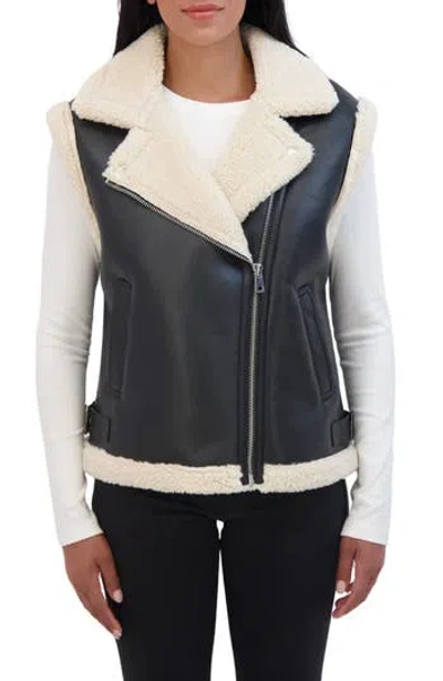 Sebby Faux Shearling Moto Zip Vest In Black/ivory