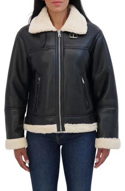 Sebby Faux Shearling Trim Aviator Jacket In Black/ivory