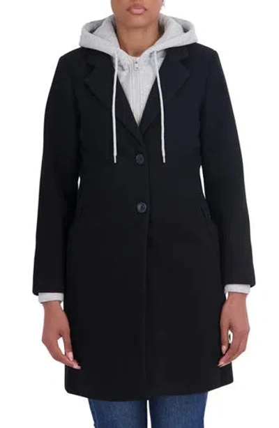 Sebby Faux Wool Single Breasted Coat With Hooded Bib In Black