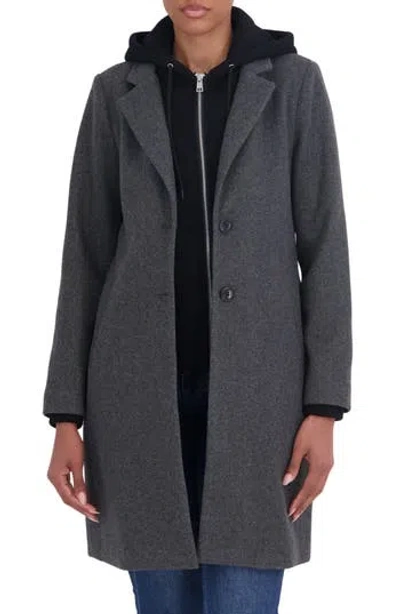 Sebby Faux Wool Single Breasted Coat With Hooded Bib In Gray
