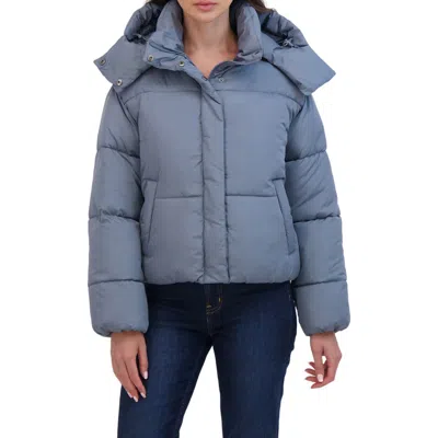 Sebby Short Hooded Puffer Jacket In Blue Slate