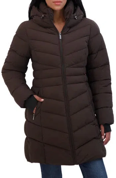 Sebby Water Resistant Hooded Long Puffer Jacket In Brown
