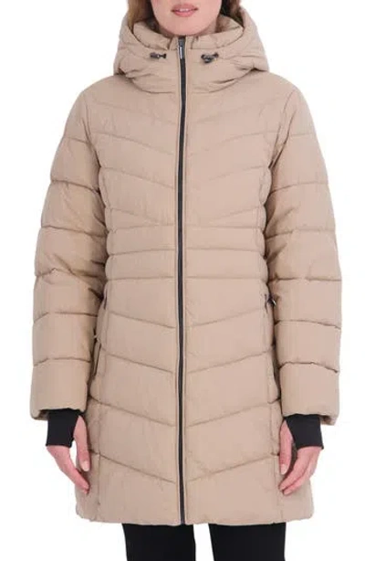 Sebby Water Resistant Hooded Long Puffer Jacket In Khaki