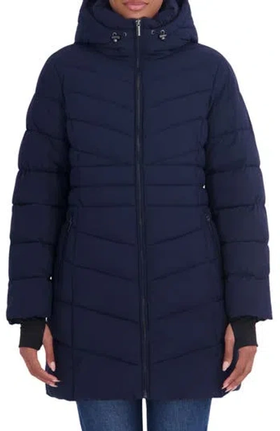 Sebby Water Resistant Hooded Long Puffer Jacket In Navy