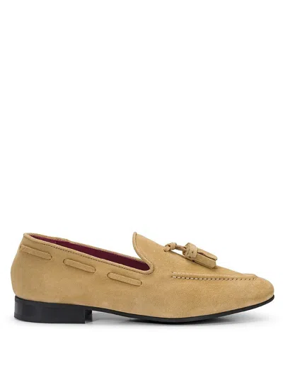 Seboy's Suede Leather Moccasins With Front Tassels In Beige
