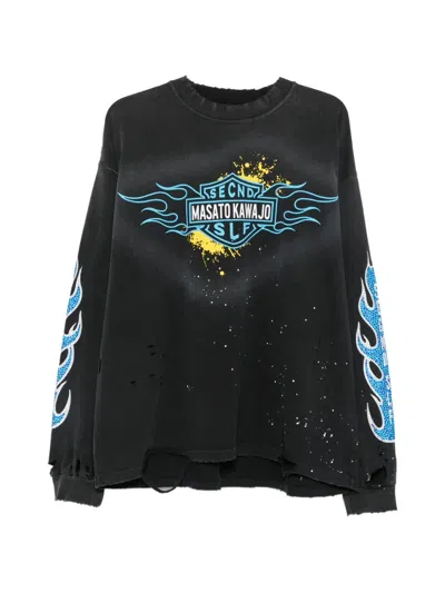 Secnd Slf X Masato Kawaj Firestorm Distressed Long-sleeve Cotton T-shirt In Gray
