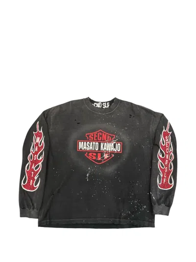 Secnd Slf X Masato Kawajo Distressed Long-sleeved T-shirt In Black