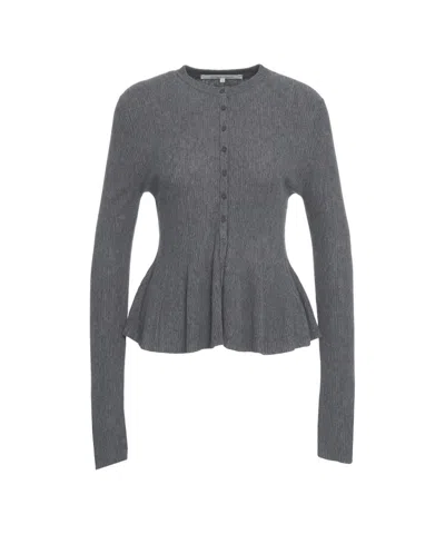 Second Female Ribbed Knit Cardigan With Button-down Closure And Peplum Hem In Gray