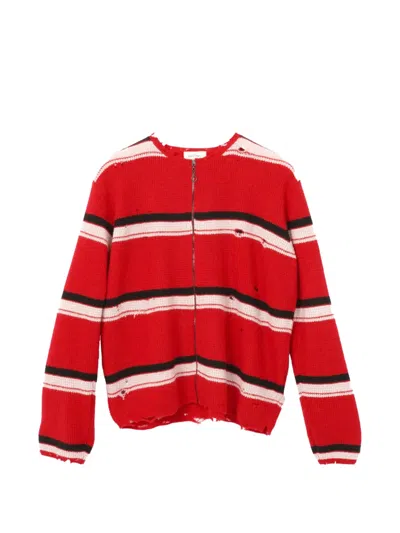 Second / Layer Distressed Striped Cardigan In Red