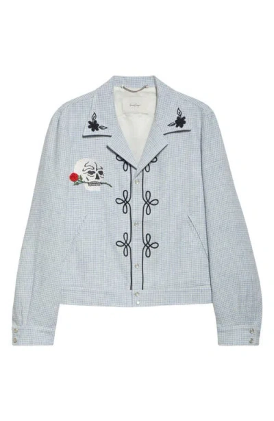 Second / Layer Second Layer Flora Embroidered Houndstooth Virgin Wool Shirt Jacket In Light Blue/ivory 1194