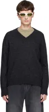 Second / Layer Gray Vexed V-neck Sweater In Black