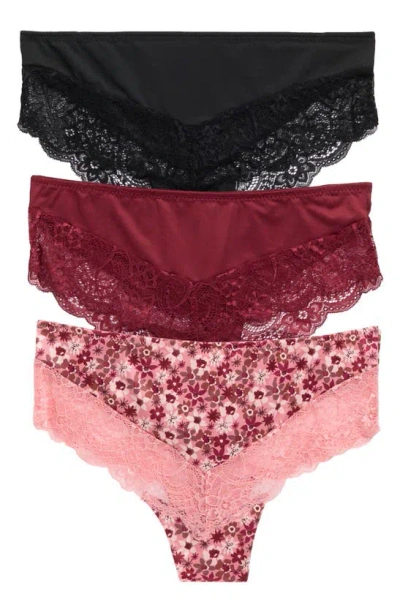 Secret Lace Ultra Lux 3-pack Lace Panties In Black / Burgundy
