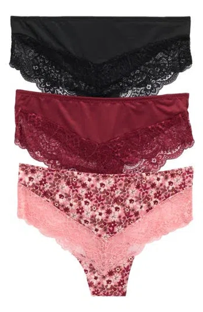 Secret Lace Ultra Lux 3-pack Lace Panties In Black/burgundy