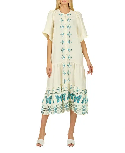 Secret Mission Marcella Dress In Creme With Multi Blue Embroidery