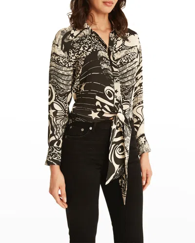 Secret Mission Mitski Button-front Printed Silk Blouse In Psychedelic Black Star