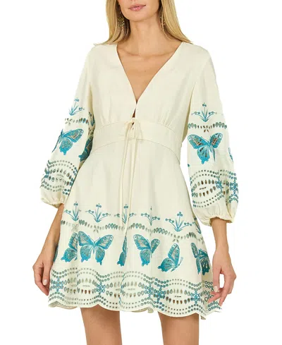 Secret Mission Priscilla Dress In Creme With Multi Blue Embroidery