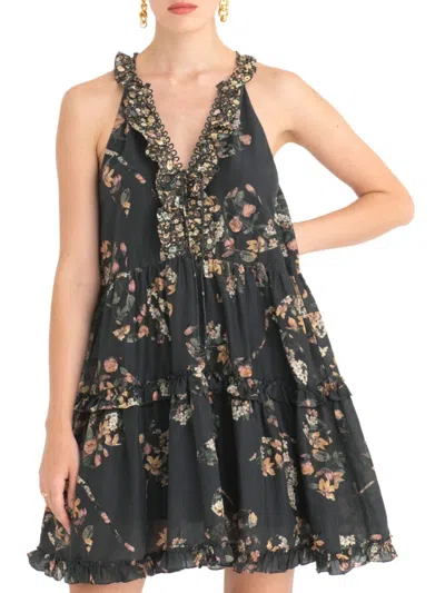 Secret Mission Isabel Floral Tiered Mini Dress In Mixed Black