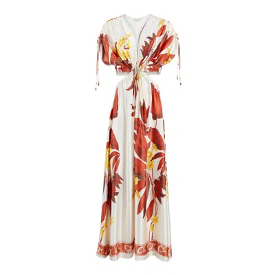 Secret Mission Donna Silk Cutout Maxi Dress In Brown Tropical