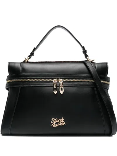 Secret Pon-pon Double-zip Leather Shoulder Bag In Black