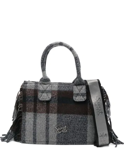 Secret Pon-pon Secret Pon Pon Fringe Check Crossbody Bag In Blue