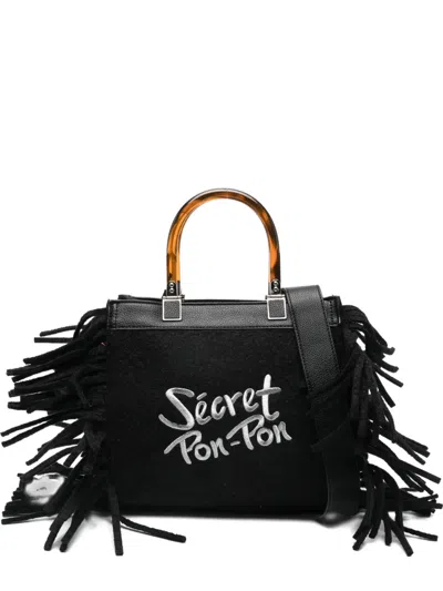 Secret Pon-pon Fringed Top-handles Shoulder Bag In Black