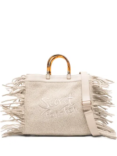 Secret Pon-pon Fringed Top-handles Shoulder Bag In Neutral