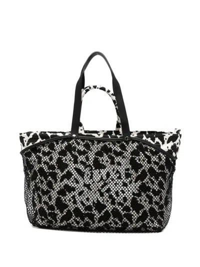 Secret Pon-pon City Cow-print Mesh Tote Bag In Black