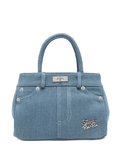 Secret Pon-pon Denim Effect Logo Plaque Tote Bag In Blue