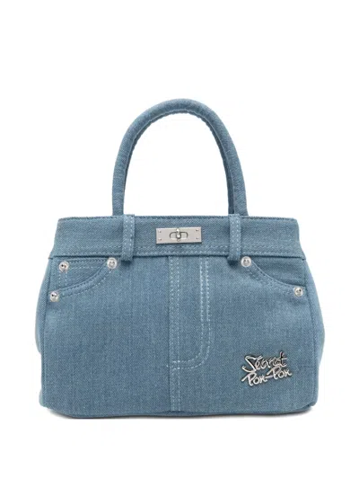 Secret Pon-pon Denim-effect Logo-plaque Tote Bag In Blue
