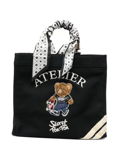 Secret Pon-pon Medium Tote Bag Saint Tropez With Teddy Bear In Black