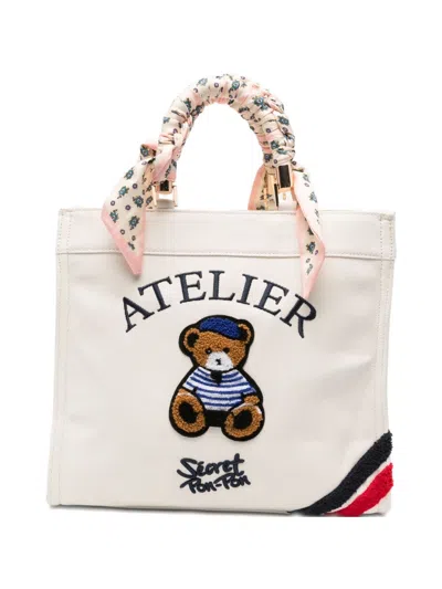 Secret Pon-pon Medium Tote Bag Saint Tropez With Teddy Bear In White