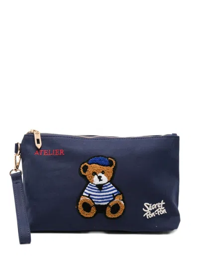 Secret Pon-pon Pouch Saint Tropez With Bear Applications In Blue