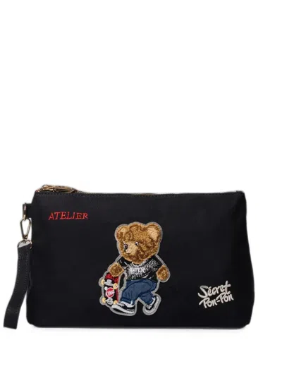 Secret Pon-pon Saint Tropez Teddy Patch Pouch In Black