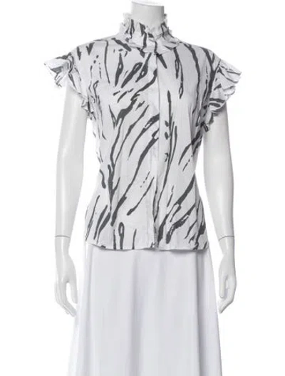 Pre-owned Secular Animal Print Short Sleeve Blouse In White