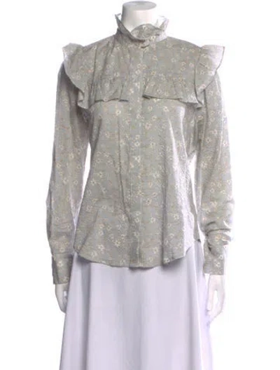 Pre-owned Secular Floral Print Mock Neck Button-up Top In Gray