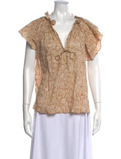 Pre-owned Secular Floral Print V-neck Top In Neutrals