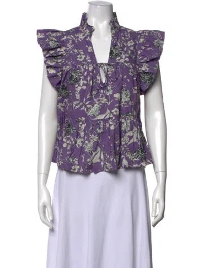 Pre-owned Secular Floral Print V-neck Top In Purple