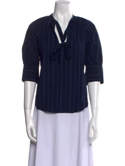 Pre-owned Secular Striped V-neck Blouse In Blue