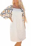 See And Be Seen Aztec Print Pleated Square Neck Mini Dress In Cream In White