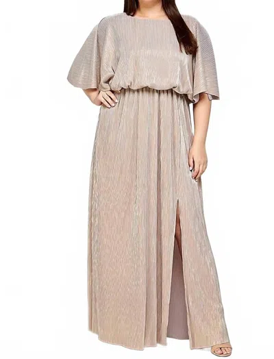See And Be Seen Cape Metallic Pleated Maxi Dress - Plus In Grey/gold In Neutral
