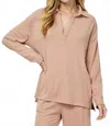 See And Be Seen Collared Fleece Long Sleeve Top In Peach In Pink