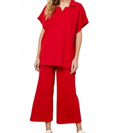 See And Be Seen Collared Textured Loungewear Set In Red