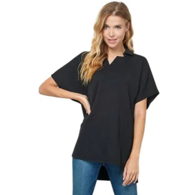 See And Be Seen Drop Shoulder Collared Top In Black With Texture