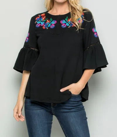 See And Be Seen Embroidered Bell Sleeve Top In Black