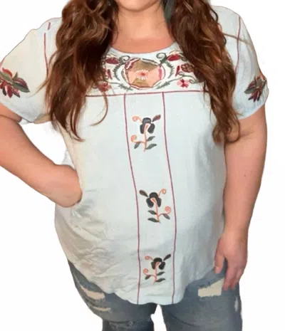 See And Be Seen Embroidery Detail Fabric Mix Top In Baby Blue In Gray