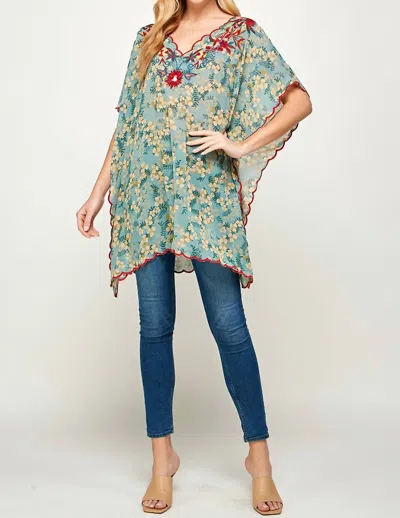 See And Be Seen Floral & Embroidered Poncho Tunic Top In Jade