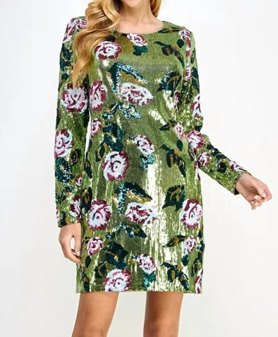 See And Be Seen Floral Sequin Long Sleeve Mini Dress In Green