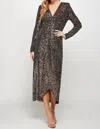 See And Be Seen Long Sleeve Sequin Faux Wrap Dress In Black/gold In Black